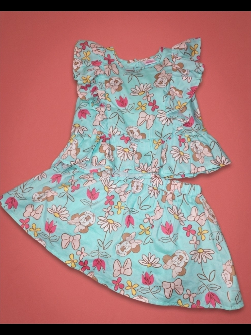 Disney Girls Floral Two-Piece Outfit in Aqua with Pink & Yellow Flowers
